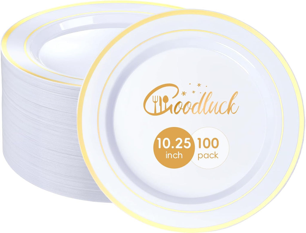 100 Pack 10.25 Inch Gold Rim Plastic Dinner Plates | Heavy Duty Disposable Plastic Party Plates Bulk for Wedding, Birthday & Daily Use