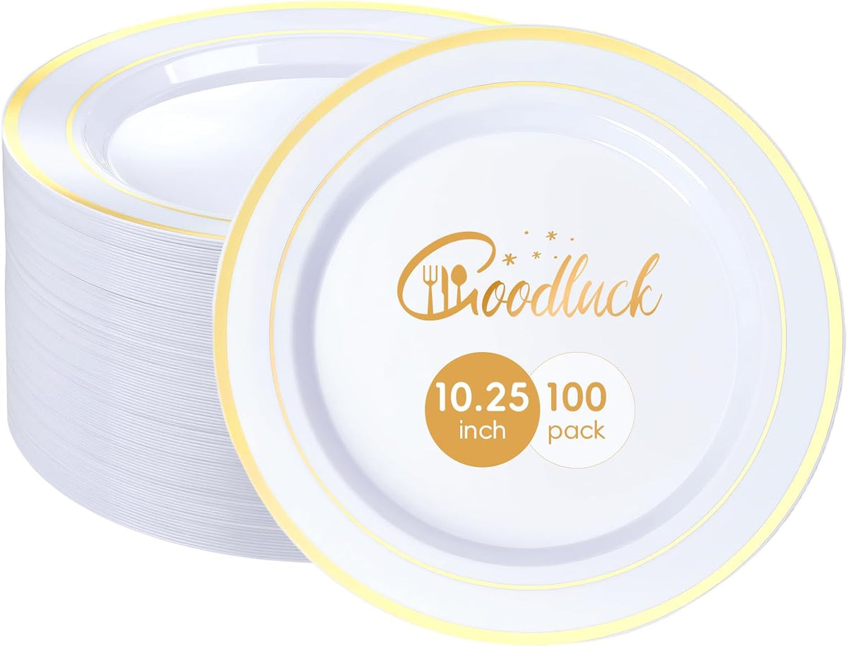 100 Pack 10.25 Inch Gold Rim Plastic Dinner Plates | Heavy Duty Disposable Plastic Party Plates Bulk for Wedding, Birthday & Daily Use