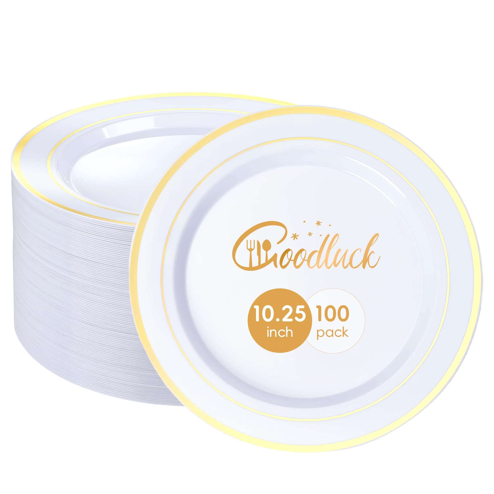 100 Pack 10.25 Inch Gold Rim Plastic Dinner Plates | Heavy Duty Disposable Plastic Party Plates Bulk for Wedding, Birthday & Daily Use
