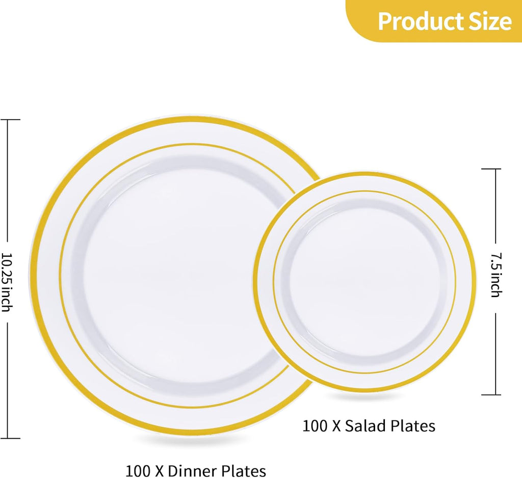 200PCS Gold Plastic Plates, Heavy Duty Disposable Gold Plates | 100 10.25 inch Dinner Plates and 100 7.5 inch Dessert Plates for Party, Holiday, Wedding, Thanksgiving
