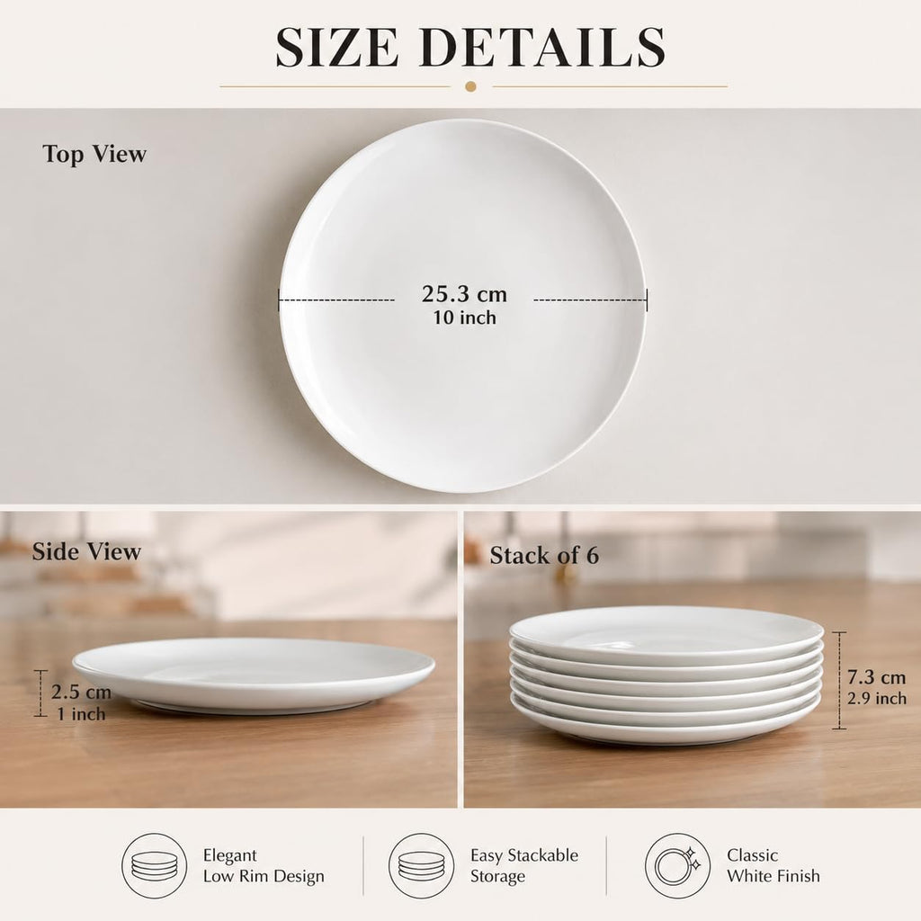 White Dinner Plates Set of 6, 10 Inch Ceramic Plates, White Porcelain Dinner Plates for Kitchen, Everyday Use, Microwave & Dishwasher Safe, 25.4Cm