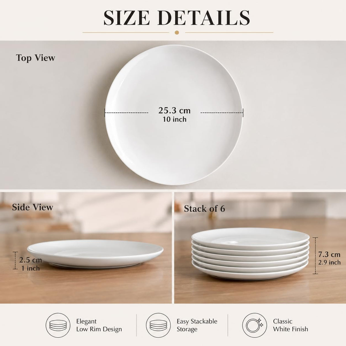 White Dinner Plates Set of 6, 10 Inch Ceramic Plates, White Porcelain Dinner Plates for Kitchen, Everyday Use, Microwave & Dishwasher Safe, 25.4Cm