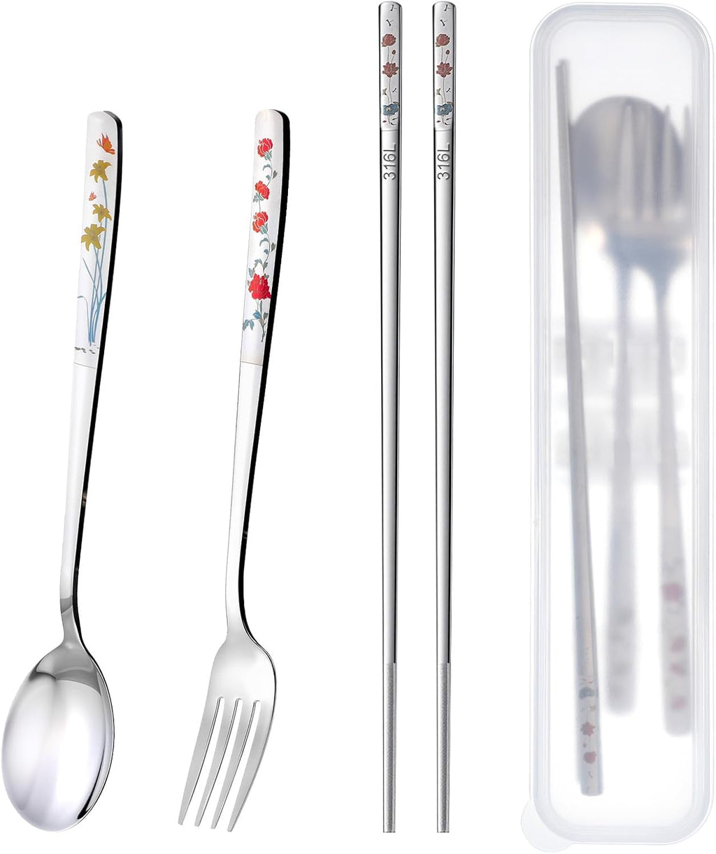Travel Utensils Stainless Steel Fork Spoon and Chopsticks Set Korean Utensil Sets Reusable Utensils Set with Case Dishwasher Safe for Camping and Office