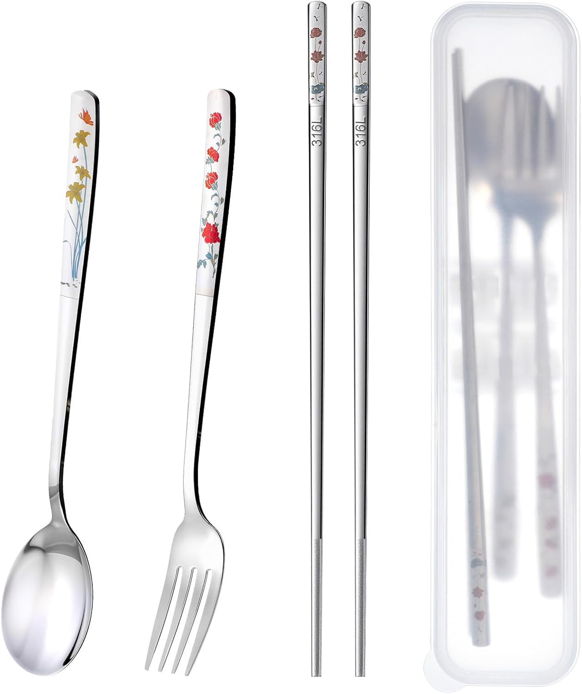 Travel Utensils Stainless Steel Fork Spoon and Chopsticks Set Korean Utensil Sets Reusable Utensils Set with Case Dishwasher Safe for Camping and Office