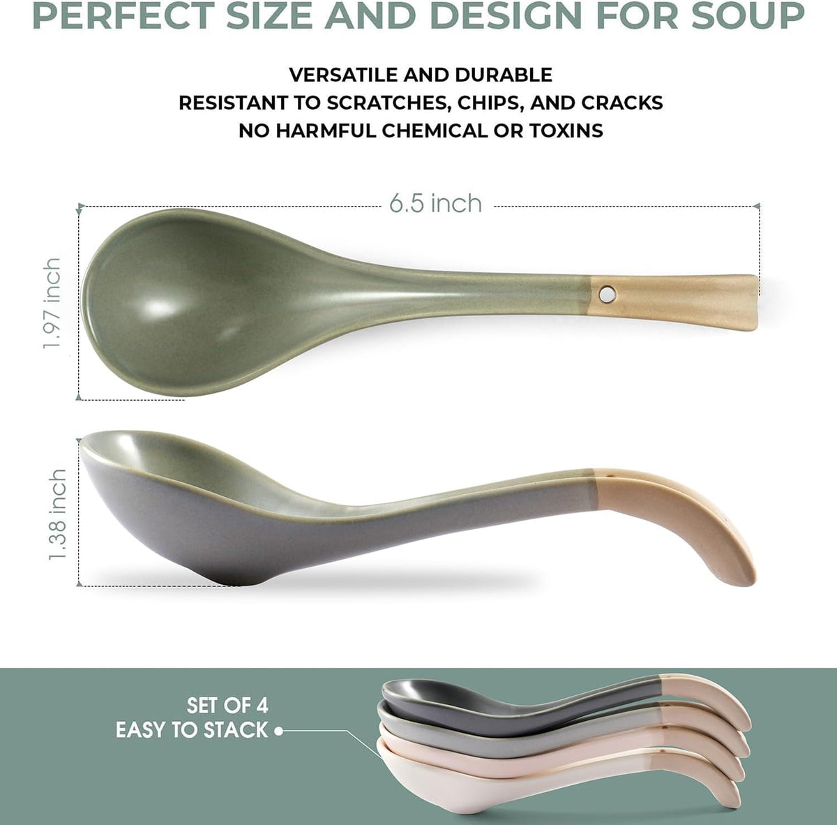 Asian Ceramic Soup Spoon, with Long Handle Easy to Hold, Non-slip Bottom, for Japanese Ramen, Chinese and Vietnamese Wonton, Noodle Soup Spoons (V38)