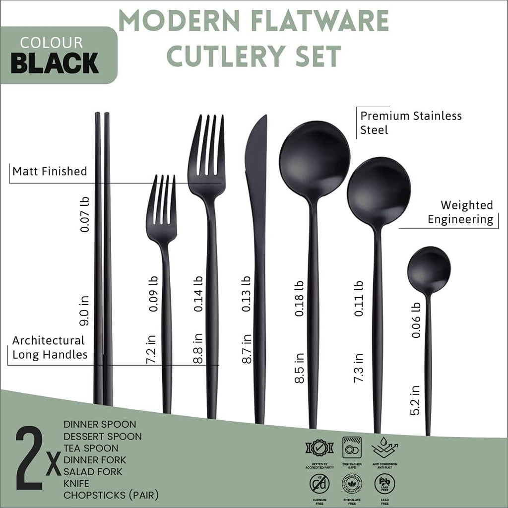 KiiZYs Matte Black Flatware Set - 14-piece Modern Silverware Set Stainless Steel Utensils - Metal Chopsticks Kitchen Cutlery Fork Spoon Knife - Dishwasher Safe House Warming Gift Box (Black, 2 Sets)