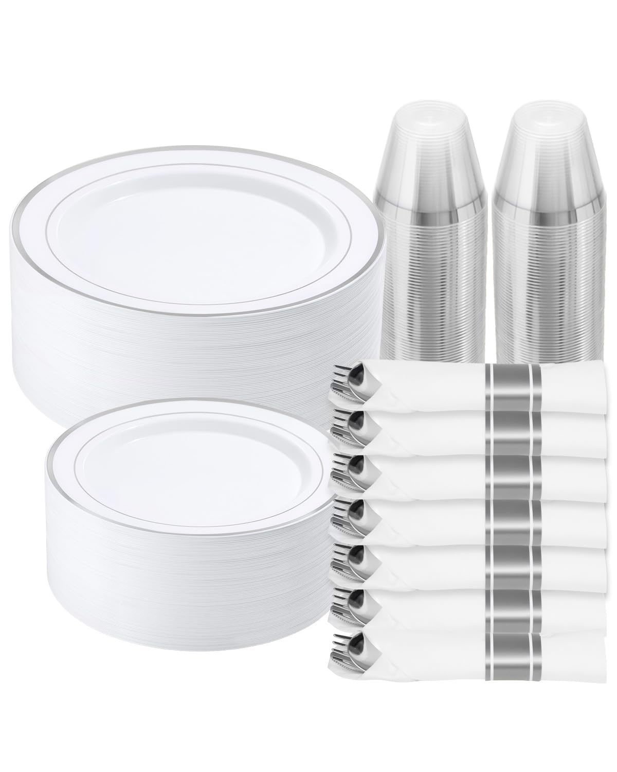 350 Piece Silver Plastic Dinnerware Set for 50 Guests | Disposable Dinnerware Includes: 50 Dinner Plates, 50 Dessert Plates, 50 Pre Rolled Napkins with Silver Silverware, 50 Cups