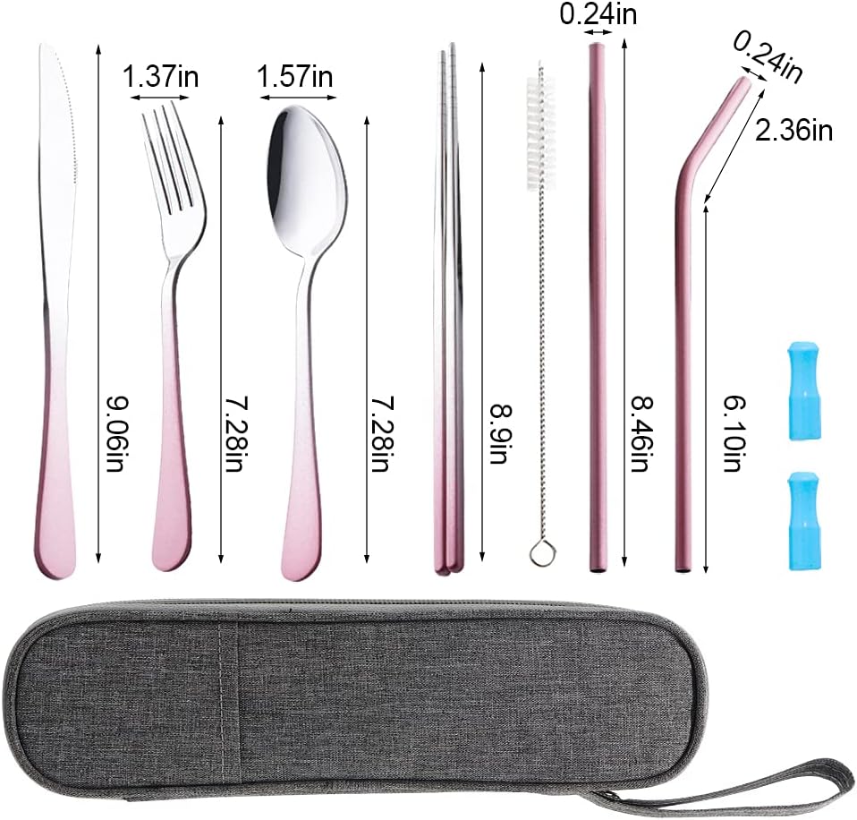 Travel Utensils Set with Case Reusable Portable Cutlery Set Stainless Steel 8pcs Including Dinner Knife Fork Spoon Chopsticks straws(Gradient Pink) | Dishwasher Including Dinner Knife Fork Spoon Chopsticks Straws Travel Fork Spoon Knife for Work, Camping