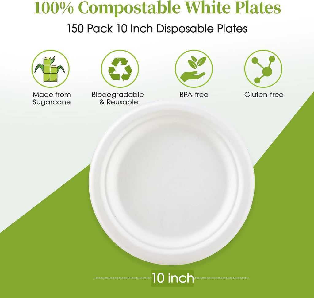 10 in 150 Pack White Compostable Disposable Paper Plates for Party | Heavy Duty, Biodegradable, Made of Eco-friendly Sugarcane Bagasse, Ideal for Dinner, Picnic, Wedding, Birthday, Daily use