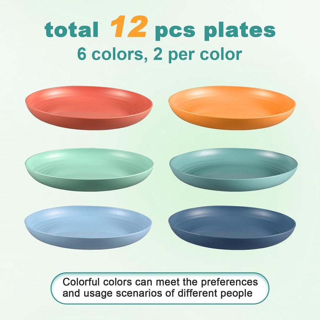 HEYCOME 12 Pcs Unbreakable Deep Dinner Plates Set, 10 inch Reusable Plastic Wheat Straw Plates, Microwave and Dishwasher Safe Plate for Kitchen, Lightweight Plate for Dessert, BPA Free, 6 Colors