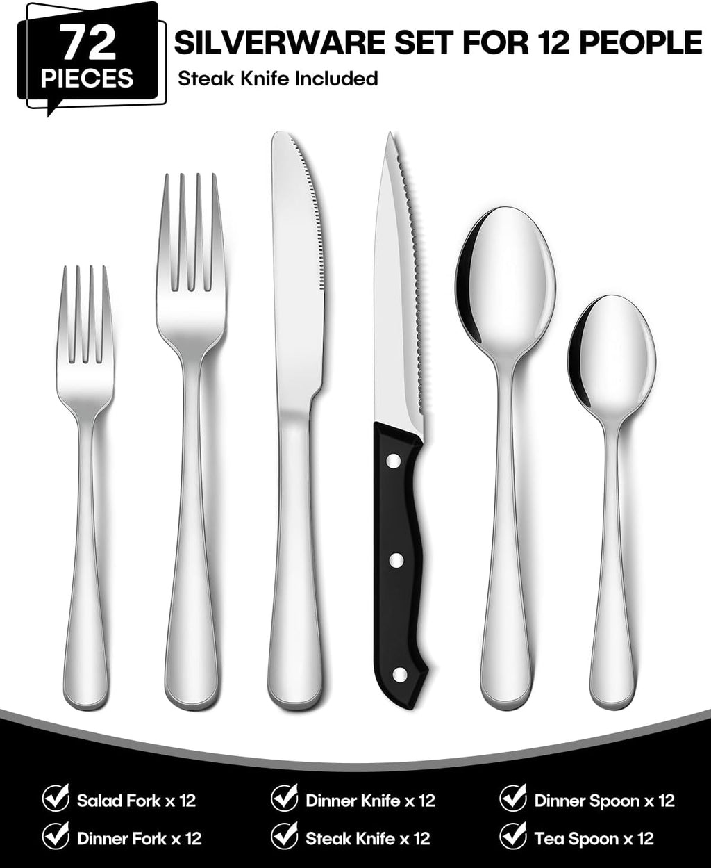 EUIRIO 72-Piece Silverware Set with Steak Knives, Heavy Duty Stainless Steel Flatware Set for 12, Food-Grade Tableware Cutlery Set, Utensil Sets for Home Restaurant, Mirror Finish, Dishwasher Safe