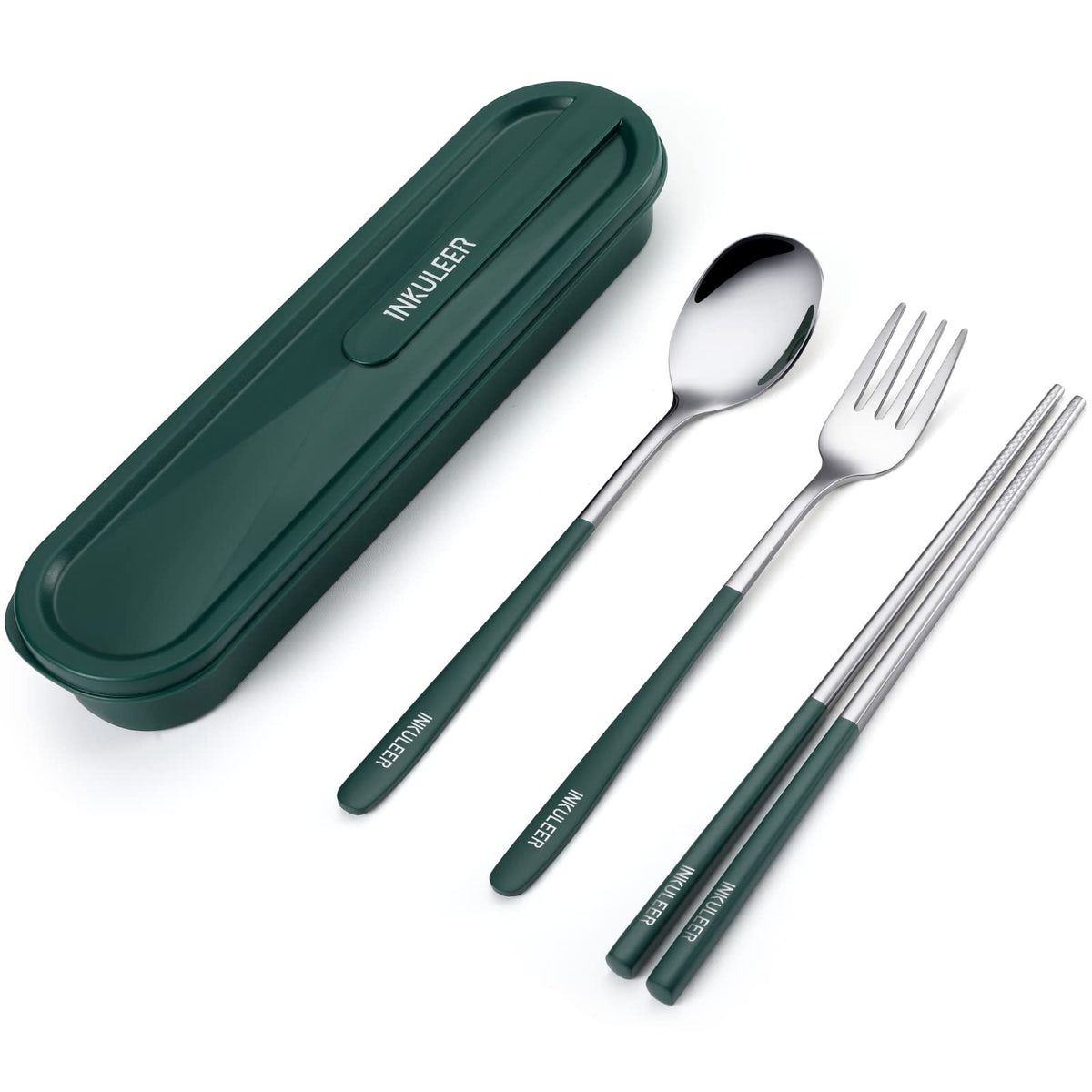 iNKULEER Travel cutlery set, 18/8 stainless steel cutlery, Reusable utensils set with case, Portable Silverware Lunch Box for Camping and Office (Pink)