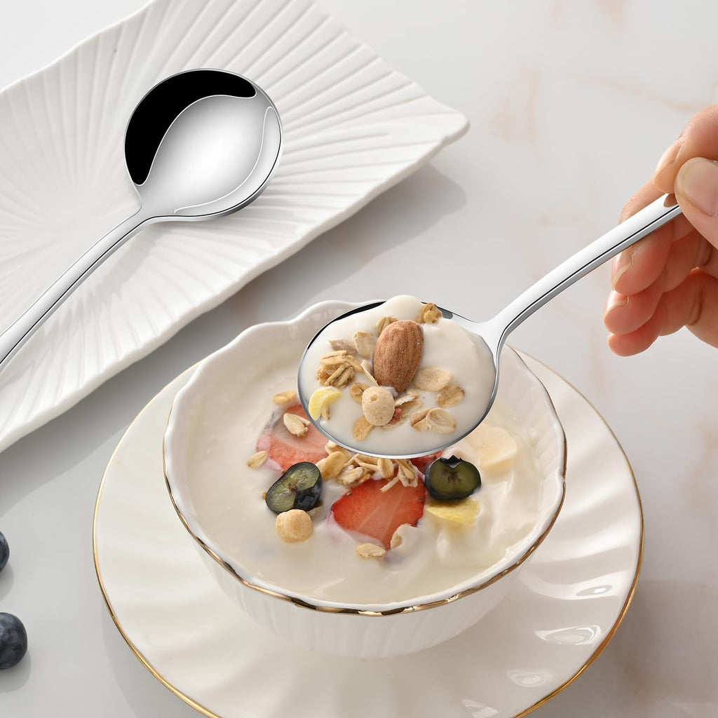 Round Soup Spoons Set of 8, 7.4 Inch Classic Metal Kitchen Silverware Spoons, Mirror Polished Stainless Steel Spoons for Cereal, Dessert