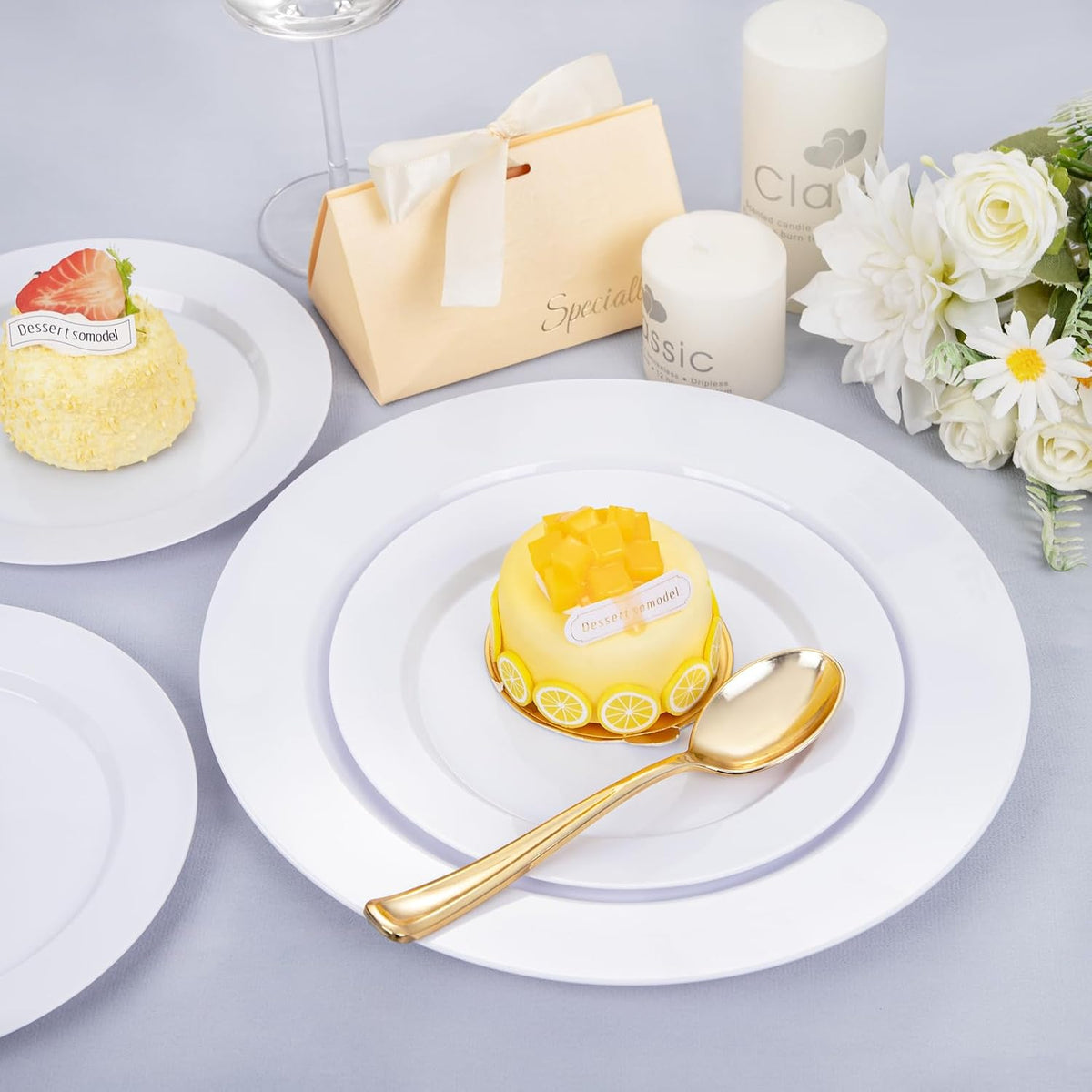 FLOWERCAT 200PCS White Plastic Plates Disposable Plates for Party - White Bulk Plastic Plates - 100 10" Dinner Plates and 100 7" Salad Plates for Wedding & Summer Parties and Events