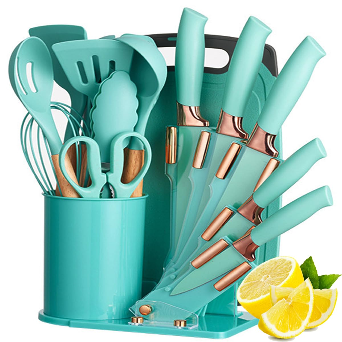 19 Pieces Kitchen Cooking Utensils and Knife Set with Holder Block, Include 11 Pcs Silicone Cooking Utensils 5 Pcs Sharp Stainless Steel Knives Scissors Whisk Tongs and Cutting Board (WHITE)