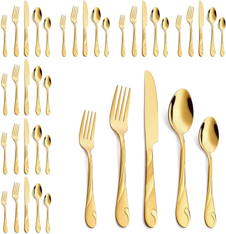 Gold Stainless Steel Flatware Set for 8, 40-Piece Silverware Set | Shiny Gold Metal Cutlery Set, Rust-Resistant, Include Spoon, Fork and Knife Set, Dishwasher Safe, for Dinner/Parties/Banquets