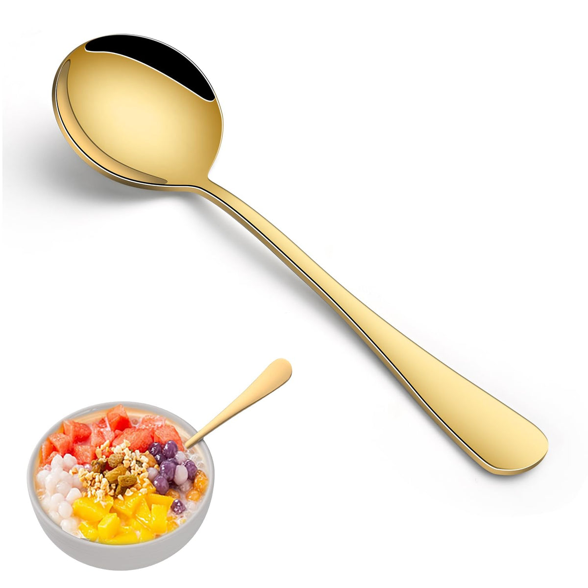 8-Piece Rainbow Soup Spoons Set, 7.4 Inch Colorful Stainless Steel Silverware Round Spoon Set, Mirror Polished Iridescent Metal Spoons for Cereal & Dessert
