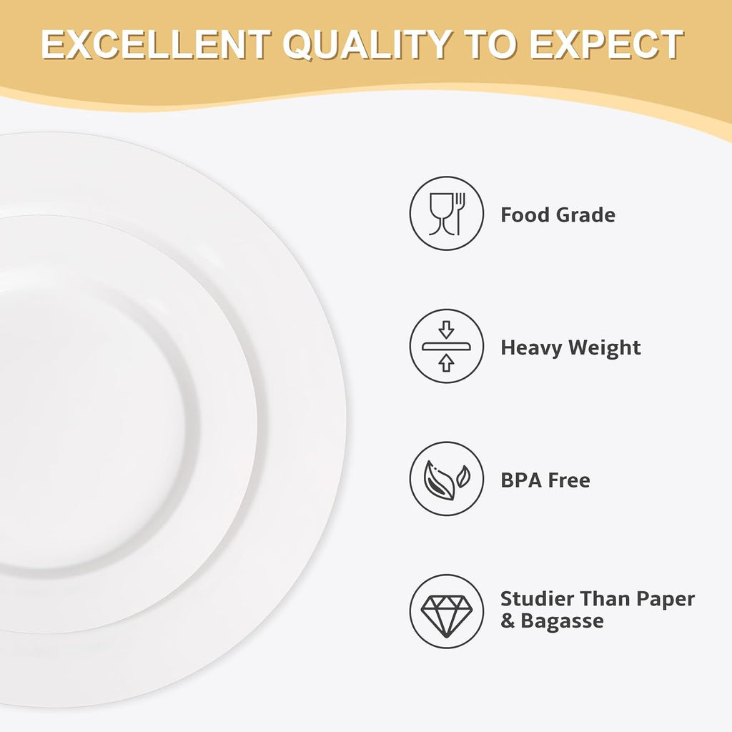 AOZITA 200 PCS White Plastic Plates, Premium Heavy Duty Disposable Plates for Party, 100 Dinner Plates & 100 Salad Dessert Plates, Sturdy Hard Plastic Dinnerware for Wedding, Events