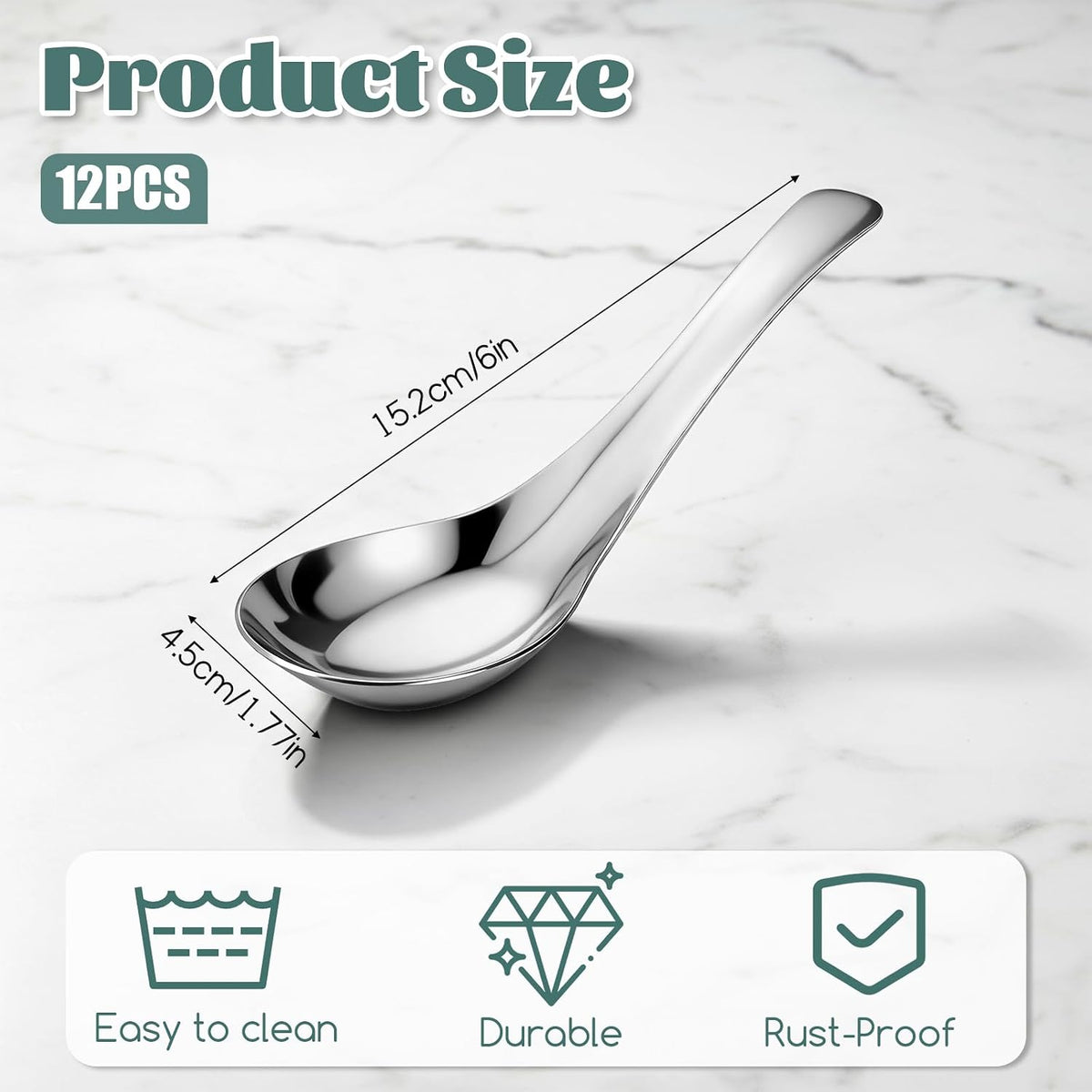 12 Pcs 304 Stainless Steel Asian Soup Spoons, Chinese Soup Spoons | Stainless Steel Soup Spoons, Mirror Polished Dinner Spoons for Bouillon Dessert Cereal Ramen Thai Miso, Silver