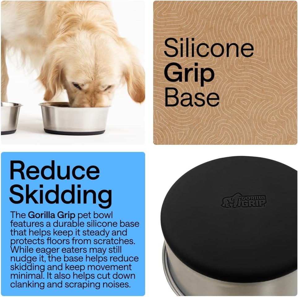 GORILLA GRIP Dog Bowls, Food Grade 304 Stainless Steel, Holds 2 US Cups Each (16 fl oz) Food and Water Bowl for Feeding Dogs and Cats, Dishwasher Safe, Rust Resistant BPA Free Rubber Base, 2 Set Black