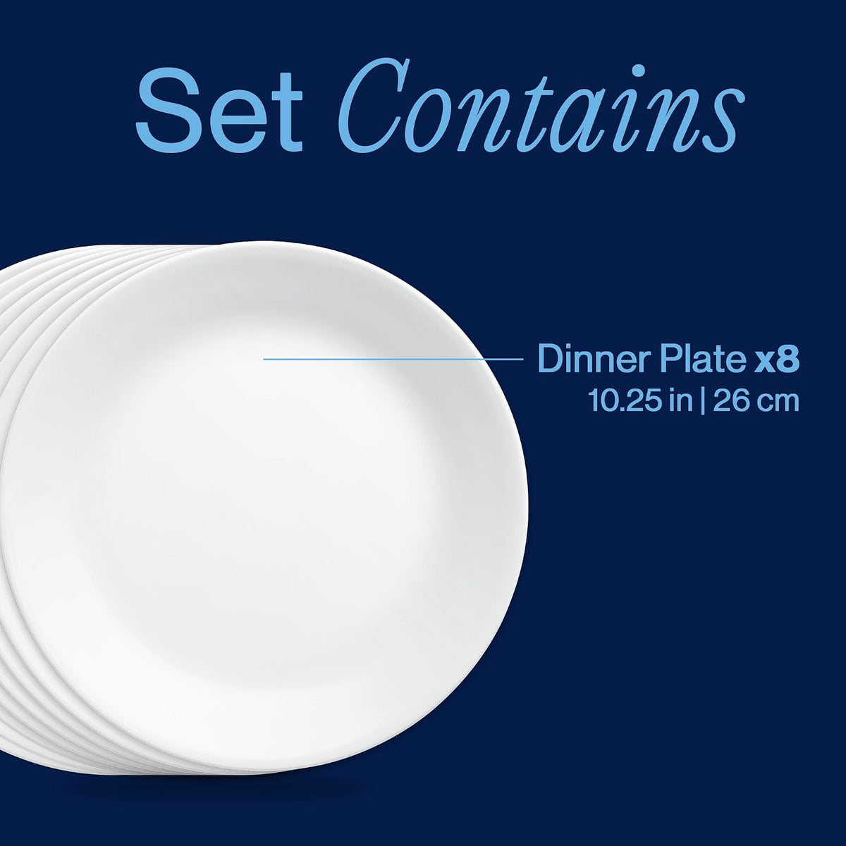 Corelle Vitrelle 8-Piece Dinner Plates Set Triple Layer Glass and Chip Resistant, Lightweight Round Plates, Winter Frost White
