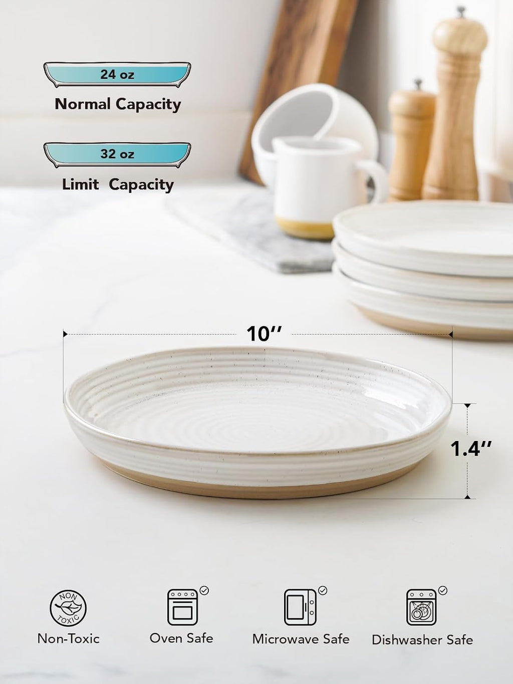 LE TAUCI 10 Inch Ceramic Dinner Plates Set of 4, Large Modern White Plate Set for Kitchen, Microwave & Dishwasher Safe Dinnerware Sets, Scratch Resistant Serving Dishes for Steak, Pasta - Arctic White