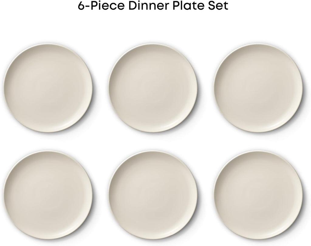 JoyJolt Mesa Stoneware Dinner Plates Set of 6, 10.5” Dish Set, Dishwasher and Microwave Safe Plate Set, Modern Rustic Dinnerware, Kitchen Serving Dishes - Matte White (Linen)