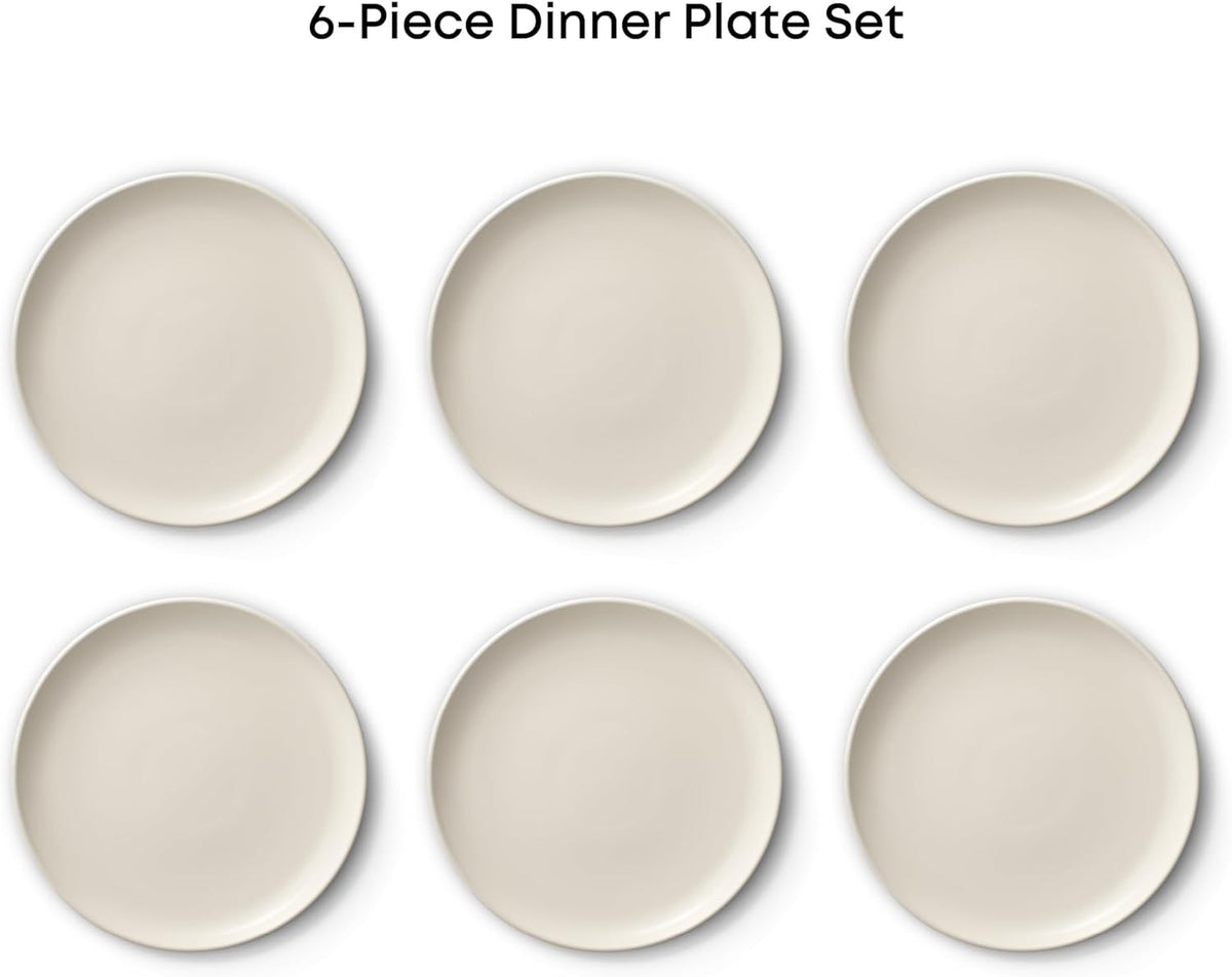 JoyJolt Mesa Stoneware Dinner Plates Set of 6, 10.5” Dish Set, Dishwasher and Microwave Safe Plate Set, Modern Rustic Dinnerware, Kitchen Serving Dishes - Matte White (Linen)