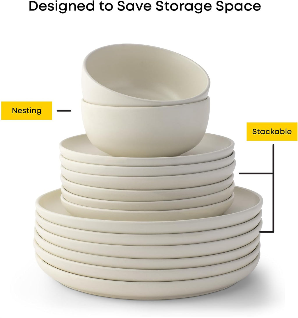 JoyJolt Mesa Stoneware Dinner Plates Set of 6, 10.5” Dish Set, Dishwasher and Microwave Safe Plate Set, Modern Rustic Dinnerware, Kitchen Serving Dishes - Matte White (Linen)