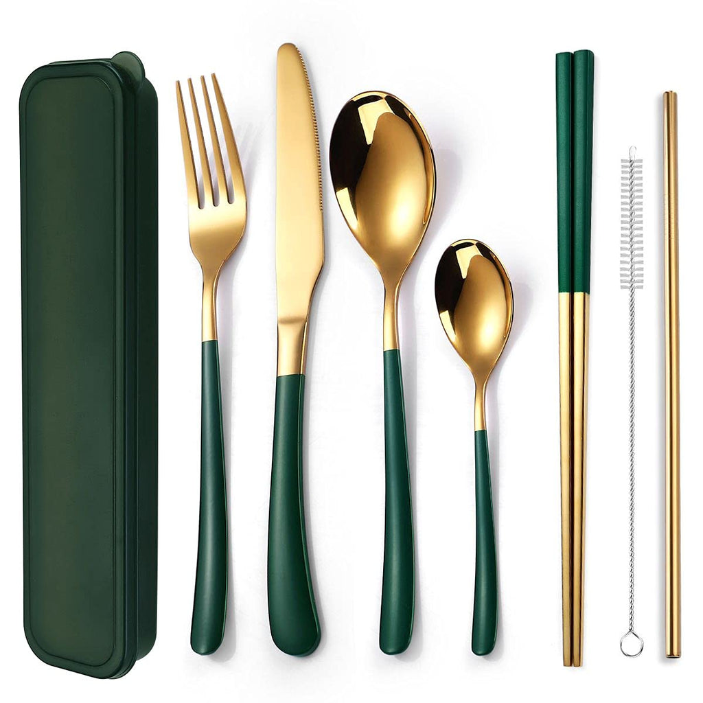 AARAINBOW 7 Pieces Stainless Steel Flatware Set Portable Reusable Cutlery Set Travel Utensils Set Including Chopsticks Knife Fork Spoon Straws Cleaning Brush Dishwasher Safe (7 Pink Golden)