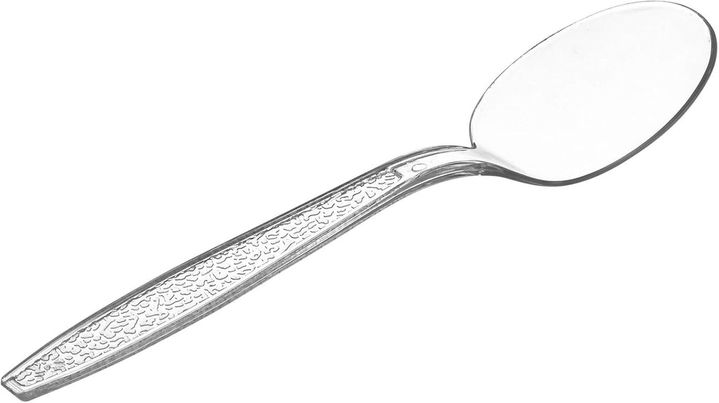 GUSTO Heavy Duty Clear Plastic Soup Spoons [300 Count] Disposable BPA Free Utensils with Engraved Design for Parties, Catering & Everyday Use (Formerly Comfy Package)
