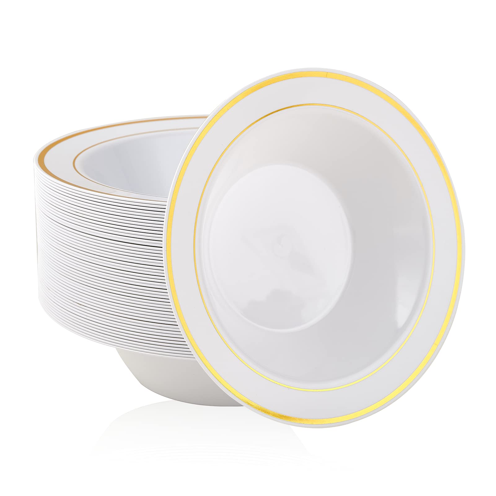 100PCS Plastic Bowls with Gold Rim 12oz Disposable Soup Bowls | Plastic Bowls for Christmas Thanksgiving Premium Dessert Salad Bowls for Wedding/Party/Halloween