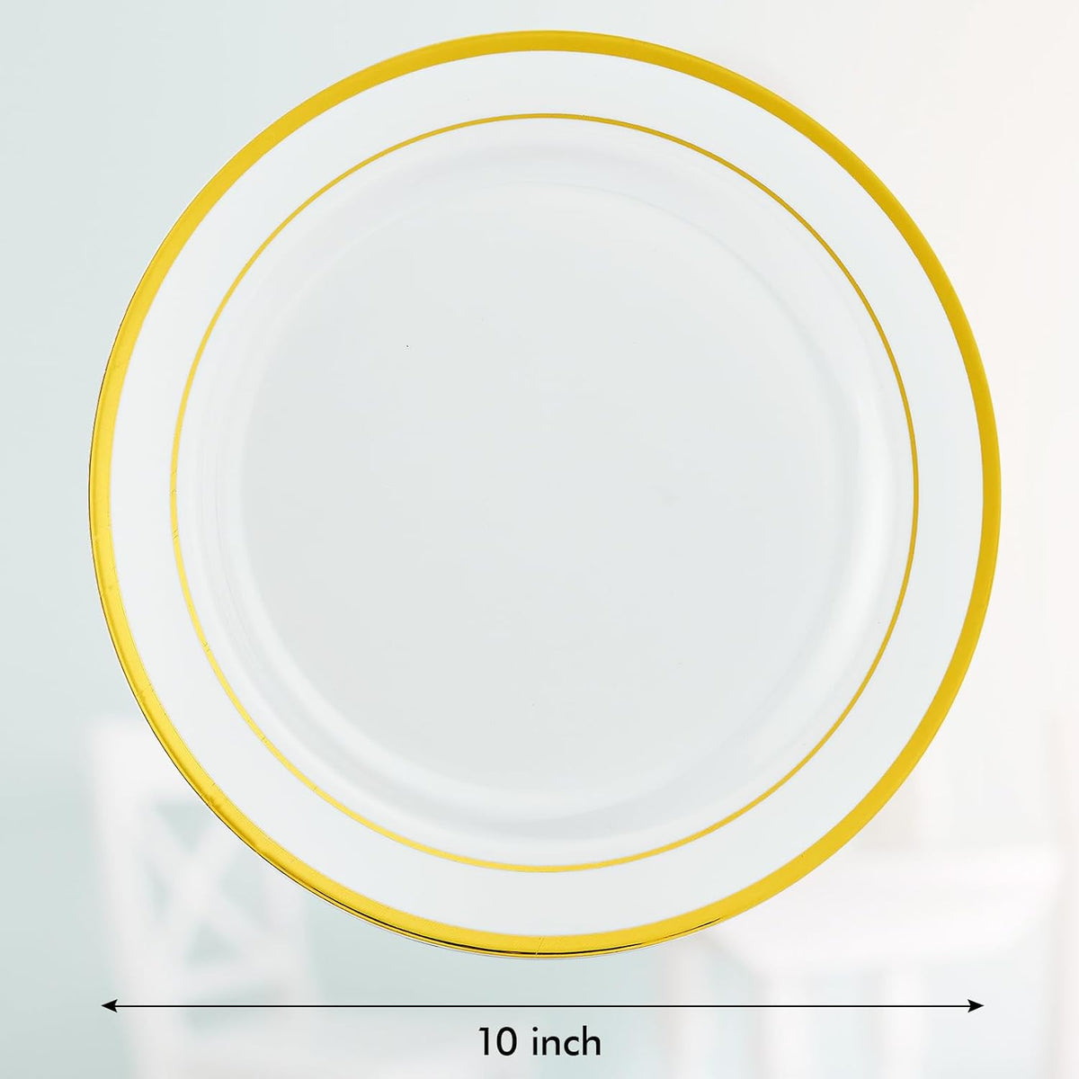 Vplus 100 Pack 10 in Gold Rimmed White Disposable Plastic Plates for Party | Heavy Duty, Elegant Durable Dinner Plates, Ideal for Office, Gathering, Wedding, Thanksgiving, Christmas, Halloween, Daily