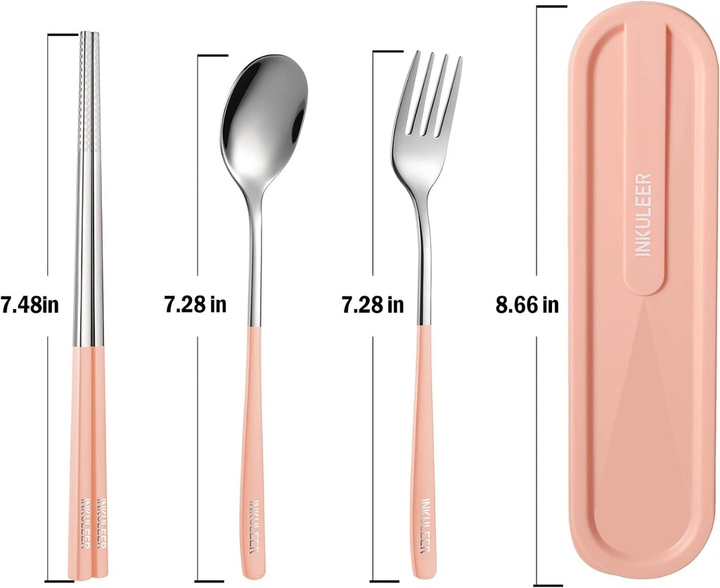 iNKULEER Travel cutlery set, 18/8 stainless steel cutlery, Reusable utensils set with case, Portable Silverware Lunch Box for Camping and Office (Pink)