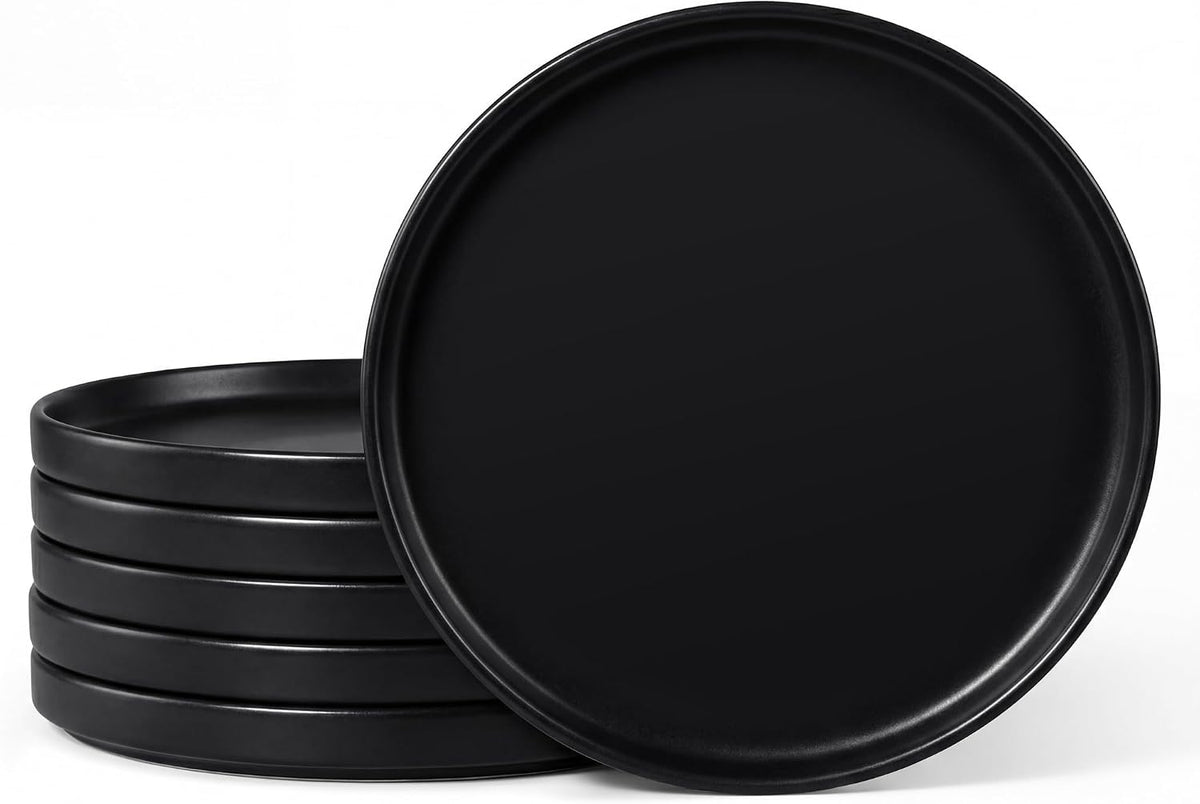 E-far Dinner Plates Set of 6, 10.5 Inch Stoneware Dinner Plate, Black | with Raised Edges, Chip & Scratch Resistant, Microwave & Dishwasher Safe Modern Ceramic Dishes for Dessert Salad, Matte Black