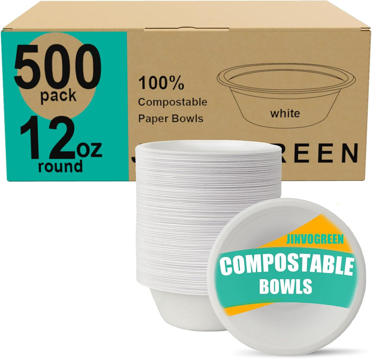 JINVOGREEN 500 Count 12 oz Paper Bowls, Compostable Bowls Bulk, White | Heavy Duty Disposable Bowls, Sugarcane Bagasse Bowls Bulk for Cereal, Snacks, Soup, Salads, Eco-Friendly, Microwave Safe