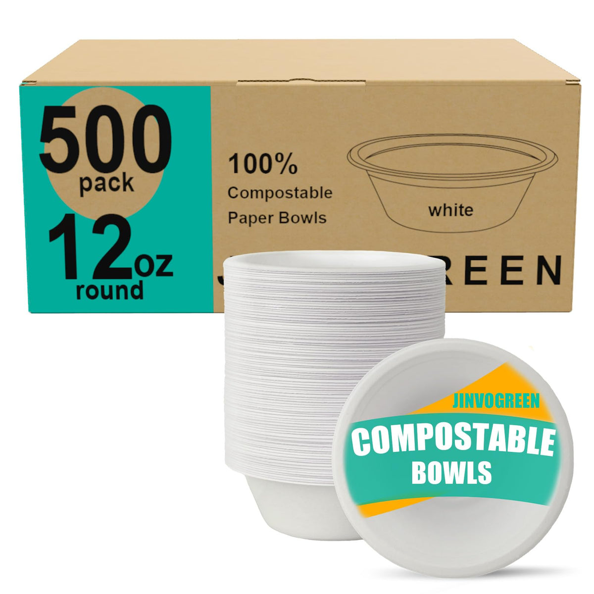 JINVOGREEN 500 Count 12 oz Paper Bowls, Compostable Bowls Bulk, White | Heavy Duty Disposable Bowls, Sugarcane Bagasse Bowls Bulk for Cereal, Snacks, Soup, Salads, Eco-Friendly, Microwave Safe