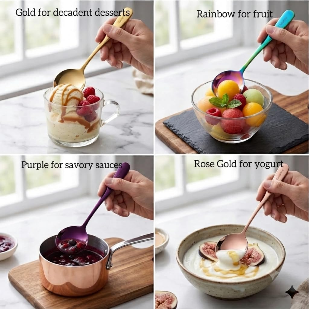 5 Color Soup Spoon set, Round Stainless Steel Bouillon Spoons 6-inch Metal Soup Spoon Flatware Set