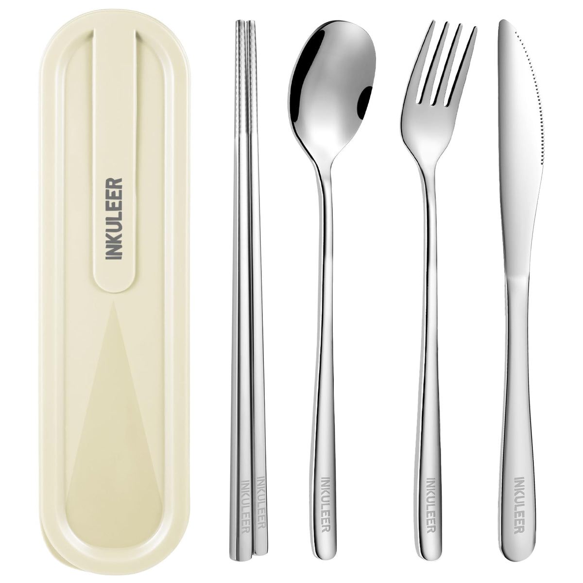 iNKULEER Travel cutlery set, 18/8 stainless steel cutlery, Reusable utensils set with case, Portable Silverware Lunch Box for Camping and Office (Pink)
