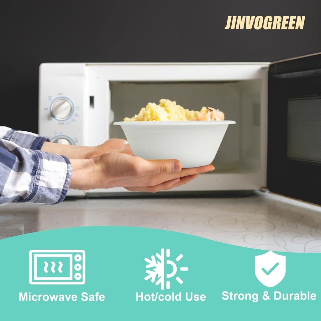 JINVOGREEN 500 Count 12 oz Paper Bowls, Compostable Bowls Bulk, White | Heavy Duty Disposable Bowls, Sugarcane Bagasse Bowls Bulk for Cereal, Snacks, Soup, Salads, Eco-Friendly, Microwave Safe