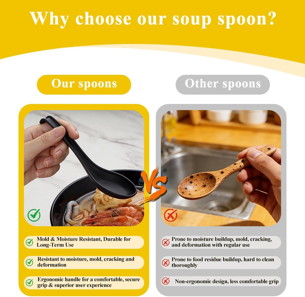 Berglander Asian Soup Spoons 12pcs, Plastic Chinese Won Ton Soup Spoon For Soba, Pho, Noodle, Japanese Ramen, Chinese and Vietnamese Wonton, Korean Style Large Spoon with Long Handle