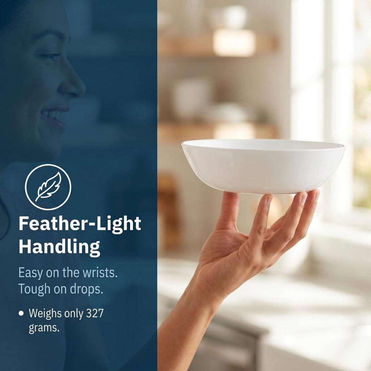 Corelle 4-Pc Meal Bowls Set Service for 4, Durable and Eco-Friendly 9-1/4-Inch Glass Bowls, Compact Stack Bowl Set, Microwave and Dishwasher Safe, White, 46 Ounces