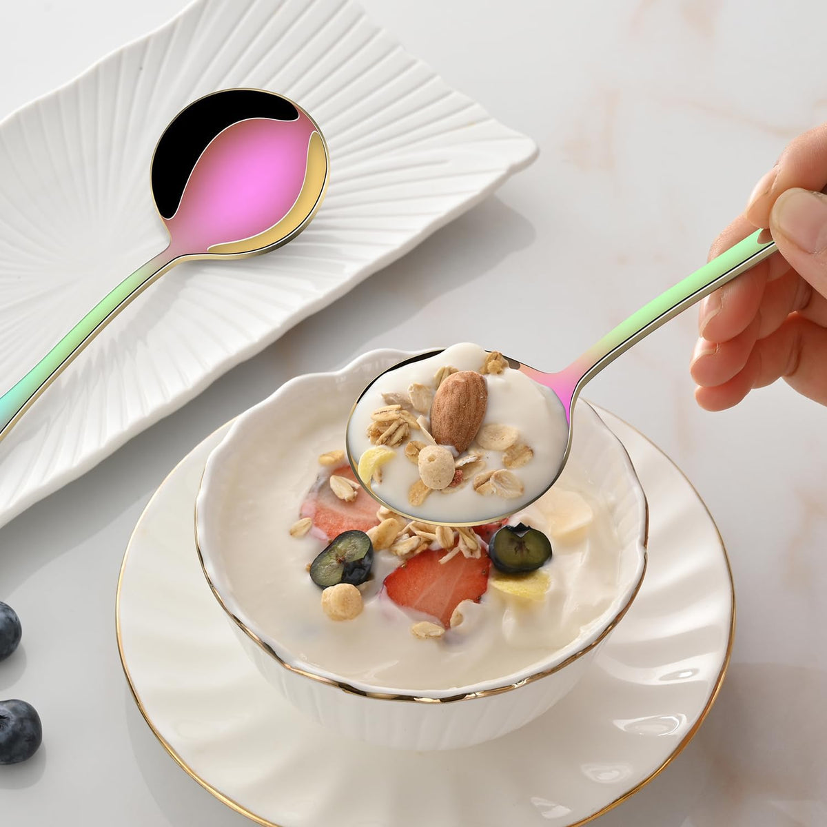 8-Piece Rainbow Soup Spoons Set, 7.4 Inch Colorful Stainless Steel Silverware Round Spoon Set, Mirror Polished Iridescent Metal Spoons for Cereal & Dessert