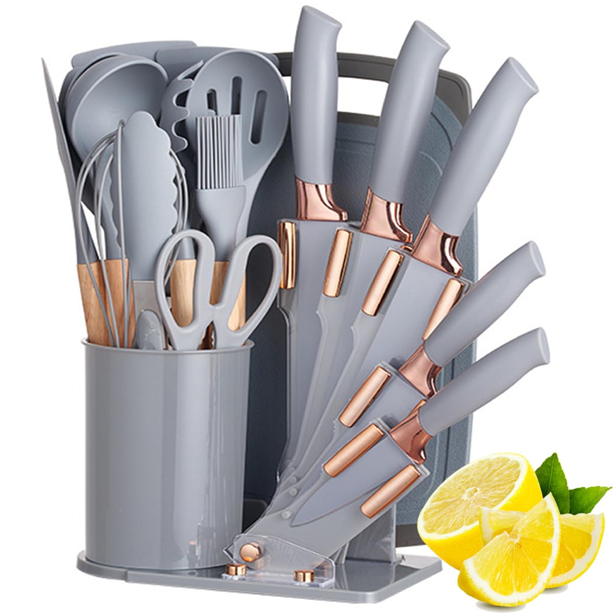 19 Pieces Kitchen Cooking Utensils and Knife Set with Holder Block, Include 11 Pcs Silicone Cooking Utensils 5 Pcs Sharp Stainless Steel Knives Scissors Whisk Tongs and Cutting Board (WHITE)