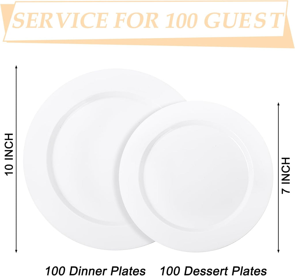 FLOWERCAT 200PCS White Plastic Plates Disposable Plates for Party - White Bulk Plastic Plates - 100 10" Dinner Plates and 100 7" Salad Plates for Wedding & Summer Parties and Events