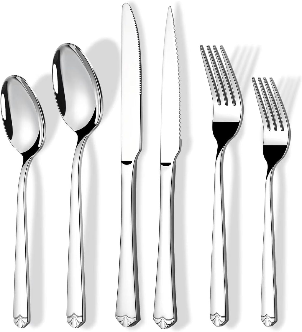24 Piece Silverware Set for 4, Prendcyx Stainless Steel Flatware Set with Steak Knives, Food-Grade Tableware Cutlery Set Includes Forks Spoons Knives, Mirror Polished, Dishwasher Safe