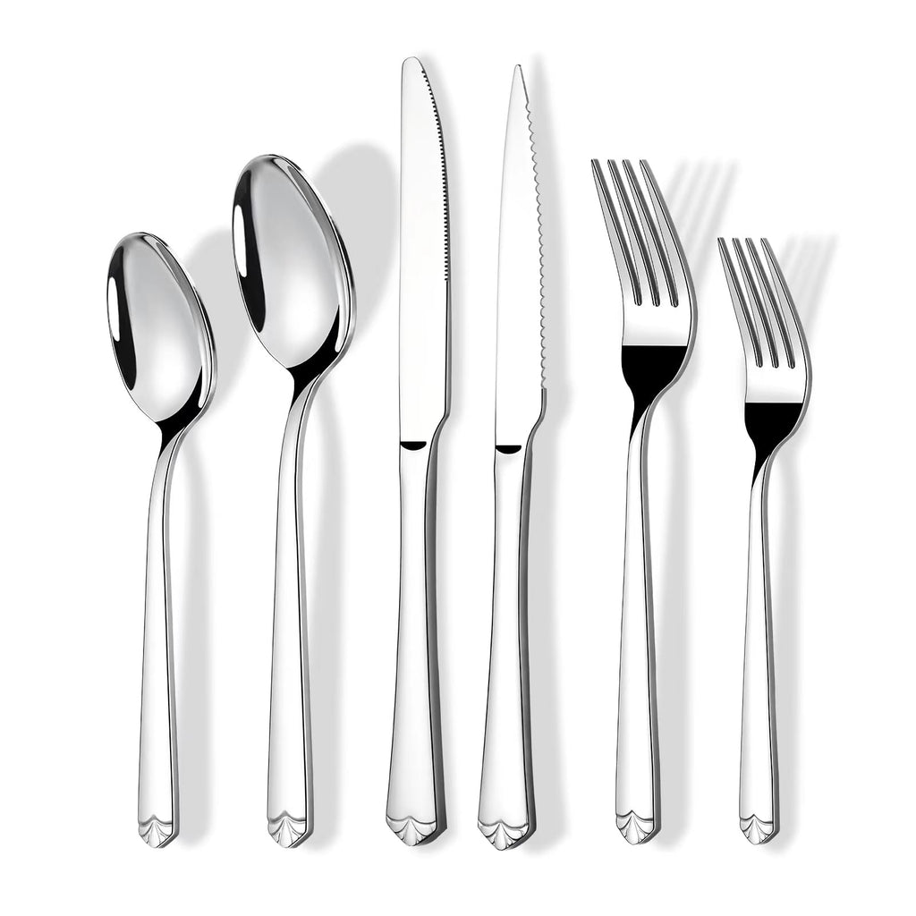 24 Piece Silverware Set for 4, Prendcyx Stainless Steel Flatware Set with Steak Knives, Food-Grade Tableware Cutlery Set Includes Forks Spoons Knives, Mirror Polished, Dishwasher Safe