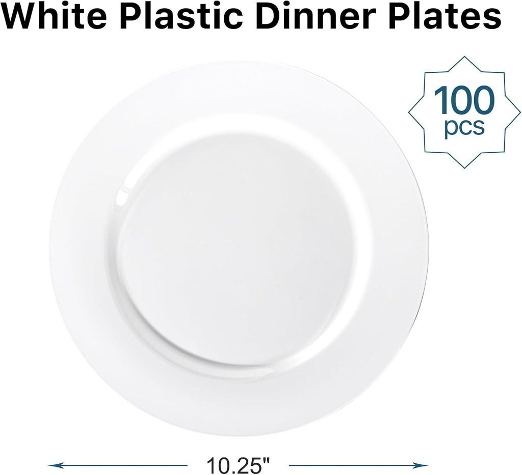 100PCS White Plastic Plates Disposable, 10.25" Heavy Duty Dinner Plates | Elegant, BPA-Free, Food Grade, for Wedding, Birthday, Party, Anniversary & Daily Use