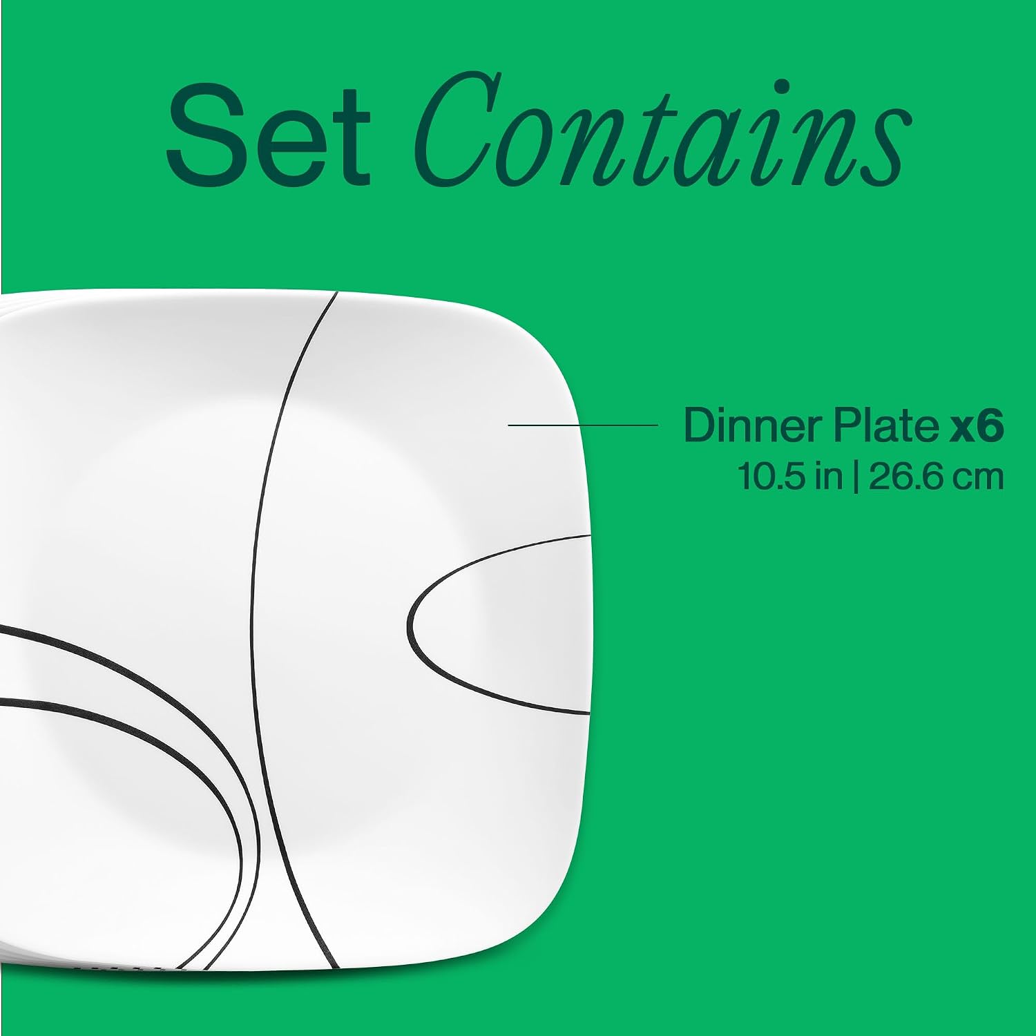 Corelle Square Simple Lines Dinner Plate Set, 6 Pack