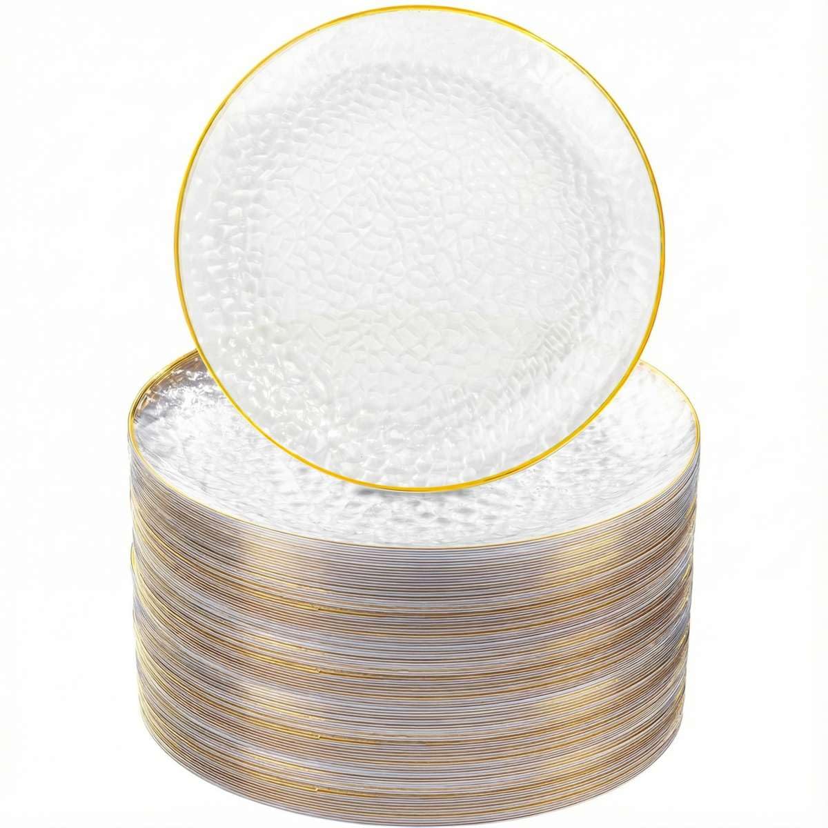 Rubtlamp 100 Pcs Gold Plastic Plates, 10 inch Clear Gold Dinner Plates, Hammer Pattern Design, Fancy Disposable Plate, Heavy Duty Party Plate Ideal for Party